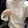 Atacado do Fabricante Outono e Inverno Suéter de Tricô de Veludo Lavado Estilo Coreano com Renda e Gola V de Manga Longa para Mulheres com Mangas Sino