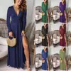 Vestido Longo com Decote em V Profundo e Franzido Plissado, Cintura Alta, Fenda, Vestido de Festa Noturna para Balada, Vestido de Cor Sólida