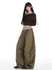 Yechuan # Calça Casual com Caimento Estilo Americano com Cós Patchwork, Design Plissado Tridimensional, Calça Wide Leg Preguiçosa Vintage.