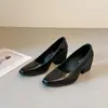 Novidade de Primavera Estilo Simples Salto Grosso Couro Macio Bico Quadrado Couro Envernizado Sapatos de Calçar para Mulheres, Sapatos Elegantes para o Trabalho
