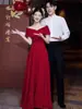 Vestido Largo Toast para la Novia en Otoño Francés de Gama Alta Pequeño Elegante Vestido de Noche Vestido Rojo de Compromiso para Mujeres