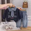 Conjunto Nuevo para Niños 2026 Primavera y Otoño Elegante Infantil Moderno Letras Mezclilla Corbata Conjunto de Dos Piezas
