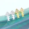 Brincos de Peixe Pequeno de Zircônia Runxin para Mulheres Estilo Coreano Moda Brincos Distintivos Cobre Banhado a Prata Pequenos Brincos de Espinha de Peixe Diamantados Versáteis