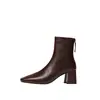 Botas Femininas de Couro Dupla Camada com Salto Bloco Cano Curto Botas de Salto Alto Outono Inverno Novo Bico Quadrado Zíper nas Costas Salto Alto Botas de Moda Botas de Cano Curto Femininas 42