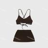 4 colores] estilo ins nuevo traje de baño de tres piezas liso con tirantes simple sexy sin espalda abertura bikini nicho para mujer