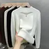 Suéter de Veludo com Renda de Peça Única para Mulheres, Camisa Base Grossa com Forro de Fleece, Nova Malha para Outono e Inverno 2025