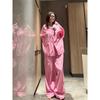 Pijama Rayado de Bloques de Color Estilo Perezoso Rosa para Mujer, Nuevo Conjunto de Ropa de Casa de Manga Larga y Pantalón Largo de Otoño Talla Grande que se Puede Usar Afuera