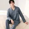 Pijama atacado de manga longa e calça longa para mulheres, novo tecido de algodão stretch de outono, cardigã masculino com gola de lapela, roupa para casa para casais