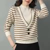 Ropa de Punto para Mujer de Principios de Otoño 2025 Nuevo Estilo Cuello Medio Alto Rayas en Contraste Falso Punto de Dos Piezas Camisa Básica de Moda para Mujer