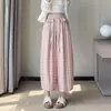 Pantalones de pierna ancha a cuadros grandes estilo coreano, pantalones casuales holgados de cintura alta para mujer, pantalones de nueve puntos drapeados de seda helada