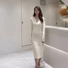 Vestido interno de malha das mulheres com sobretudo francês Chanel estilo branco V-neck slim-fit vestido suéter outono e inverno