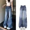 Jeans Clássico Azul Lavado Retro Americano para Mulheres Verão Novo Cintura Alta Slim Reto Perna Larga Levemente Flare Calças