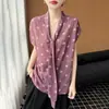 2026 Primavera e Verão Novo Estilo Georgette Decote V Manga Curta Fita Estampa de Bolinhas Dupla Face Caimento Solto Camisa Base Top