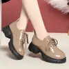 Zapatos de Cordones de Cuero Grueso Estilo Británico Retro de Moda, Color Sólido, Corte Profundo, con Tacón Grueso, de Cuero Pequeño Versátil para Mujer, que Aumentan la Altura, Charol