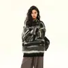 Suéter Listrado de Mohair Retro Americano Wild Azi para Mulheres, Tricô de Outono com Vibe Preguiçosa para Casais