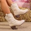Botas Femininas 2025 Outono e Inverno Novo Estilo Cano V Bordado Salto Grosso Botas de Cavaleiro Retrô Cano Médio Bico Fino Botas de Cowboy Ocidental
