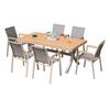 Conjunto de Mesa e Cadeiras com Cadeiras de Tecido em Malha, Mesas de Madeira Plástica, Liga de Alumínio Externa para Pátio Jardim Villa, Personalização de Mesa e Cadeira para Rua Comercial Loja de Chá com Leite