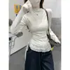 Camiseta Manga Longa com Gola Alta Meia-Calça e Barra de Renda para Mulheres no Outono e Inverno Camada com Camiseta Básica Estilo Coreano Branco Top com Ombro Direito