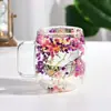 Taza de 250 ml, Taza de moda, Taza de café con flores secas, Taza de vidrio con alto valor estético, Taza creativa aislada de borosilicato con flor real