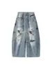 Nuevo Estilo de Verano del Louvre Estilo Callejero Retro Americano Jeans Lavados Rasgados Resistentes Pantalones Largos de Pierna Ancha para Mujer