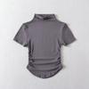 Blusa Feminina Manga Curta Gola Alta Lisa Plissada Pequena Fresca Doce Slim Fit Emagrecedora de Verão Curta Mostrando o Umbigo