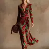 Vestido Transfronteiriço Novo Estilo com Decote em V e Mangas Longas com Elementos de Impressão Digital 3D, Saia Fashion e Personalizada para Marcar a Cintura Feminina