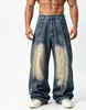 Jeans de pierna ancha patchwork lavados y desgastados estilo americano transfronterizos para hombre, con teñido degradado, corte holgado y un diseño fluido y tridimensional
