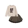 Conjunto de niña estilo coreano para primavera y otoño 2026: Camiseta de manga larga de dibujos animados para niños + falda plisada para niñas, un conjunto de dos piezas