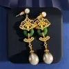 Nuevos Pendientes Estilo Chino Estilo Retro Xiangyun Corona de Diamantes Estilo Chino Colgante de Jade Forma de Gota Perla Gris Pendientes Largos