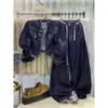 Conjunto de Duas Peças para Mulheres: Cardigan Jeans com Zíper e Gola Redonda Estilo Coreano + Calça Wide Leg Slimming de Cintura Alta