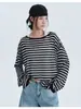 73% Lyocell + 27% Triacetato Camiseta de Cuello Redondo Rayada Estilo Casual Manga Larga Pulóver Corte Holgado Camiseta