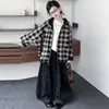 Conjunto de Chaqueta Reversible para Niñas, Nuevo Estilo Otoño Cortavientos a Cuadros con Jeans Plegados y Pantalones tipo Guadaña para Niños Mayores