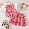 Amazon Conjunto de Dos Piezas para Bebé Niña de 0 a 3 Años Verano Rojo y Blanco Cuadros Encaje Mangas Volantes Top + Falda con Volantes
