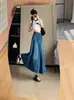 Saia Midi Jeans Vintage Desgastada para Mulheres, Versátil Nova de Cintura Alta Modelo A com Barra Larga e Design Patchwork