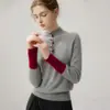 Suéter de Cachemira Color Block para Mujer, Cuello Semi Alto, Manga Larga, Suéter Pulóver, Otoño Invierno, Casual, Versátil, Capa Base de Punto