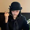 Sombrero de Lana Negro con Lazo para Mujer, Estilo Retro Francés de Otoño e Invierno, Elegante Sombrero de Pescador, Elegante Sombrero de Chica Rica