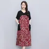 Vestido de Verão da Mamãe com Cobertura da Barriga, Look Emagrecedor 2025 Novo Tamanho Grande Saia Média Saia Curta Estampada em Retalhos Manga Curta