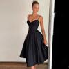 Vestido Largo de Tirantes con Cuello en V Sexy para Mujer, Estilo Francés Transfronterizo, Nuevo Verano 2024, Negro sin Espalda