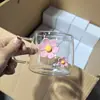 Vaso de Vidrio con Asa y Flores 3D, Estilo Femenino de Gran Capacidad para Agua, Uso en Casa, Taza de Regalo para Pareja para Té con Leche y Café