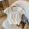 Foto Real~Blusa de Tricô Estilo Francês de Verão Inspirada na Chanel com Design Vazado, Camiseta Feminina de Seda Gelada de Manga Curta com Decote Quadrado Expondo a Clavícula