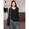 Suéter de punto de manga larga con cuello en V y clavícula engrosada para mujer, camisa interior holgada de otoño e invierno, color albaricoque