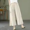 Calça reta de perna larga de algodão e linho bordada estilo étnico retrô para mulheres, cor sólida, cintura elástica, estilo solto, fina, para 100kg, para primavera e verão