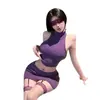 Lencería Sexy Golden Night: Atractivo Conjunto de Dos Piezas de Suéter Morado Tejido, Conjunto sin Espalda para Chicas Atrevidas, Body Ajustado de Puro Deseo sin Mangas Qqny
