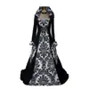Moda Popular Europea y Americana Vestido de Banquete Medieval con Capucha de Mangas Largas Retro Literarias Estampadas y Cinturón