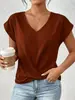Camiseta feminina casual transfronteiriça com decote V, mangas curtas torcidas e ombros dobrados, cor sólida, barra solta e top cruzado
