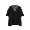 Camisa Polo Falsa de Dos Piezas Negra para Hombre y Mujer, Camisa de Verano de Gama Alta con Cuello, Mangas Cortas, Corte Holgado, Camisa Polo con Parches a Cuadros