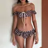 Bikini Retro de Lunares con Volantes Traje de Baño de Dos Piezas para Mujer Sexy sin Espalda Cuello Halter Estilo Resort
