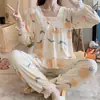 Pijama Feminino Primavera Novo Manga Longa Gola Quadrada Doce Estilo Princesa Renda Canelada Roupa de Casa Feminina