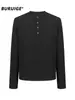 Camiseta de Manga Larga con Cuello Henley de Textura Rayada Vertical Estilo Old Money para Hombre Temporada Primavera Otoño Ligeramente Maduro Holgada Sensación de Alta Gama Top Base