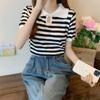 Camiseta polo de punto a rayas de color contrastante, manga corta, cuello con solapa, estilo retro occidental súper popular, ajuste ceñido, versátil, top para mujer